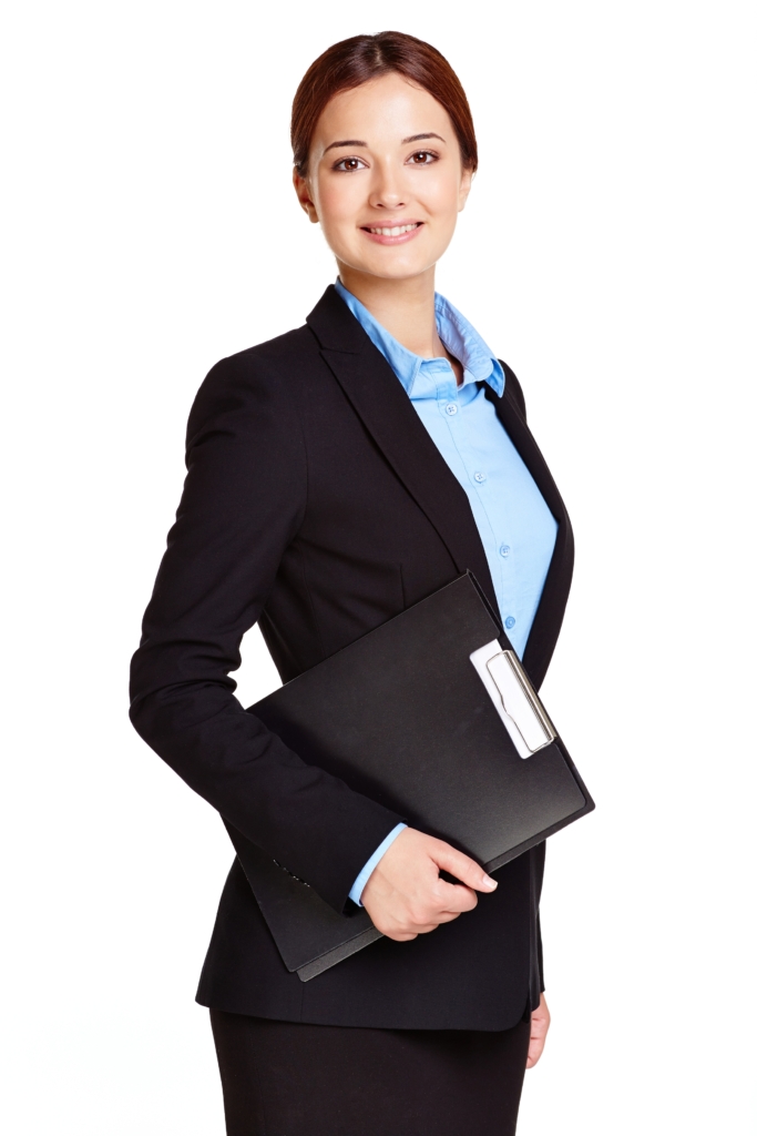 Portrait of young businesswoman with clipboard looking at camera